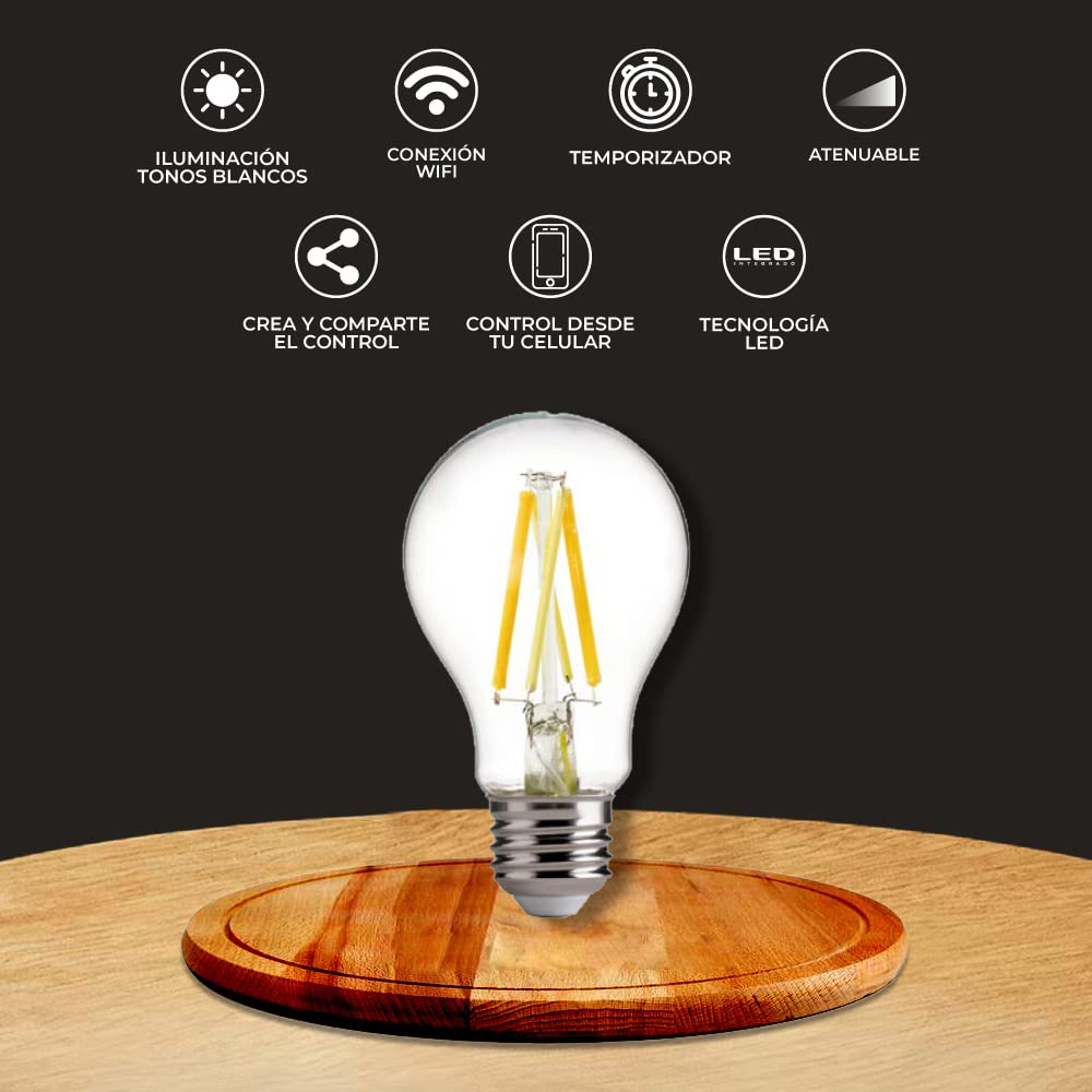 Tecnolite Connect Foco LED Inteligente Filamento A19 WiFi 5.5W - Luz Blanca Dinámica, Atenuable, Bombilla Compatible con Alexa, Google Assistant, Atajos de Siri y App móvil