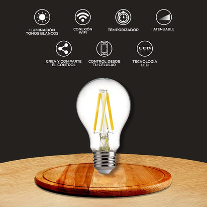 Tecnolite Connect Foco LED Inteligente Filamento A19 WiFi 5.5W - Luz Blanca Dinámica, Atenuable, Bombilla Compatible con Alexa, Google Assistant, Atajos de Siri y App móvil