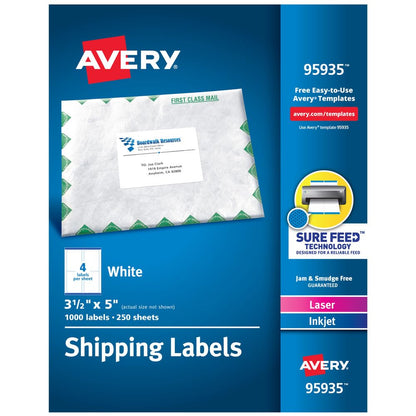 Avery 95935 Etiquetas de envío imprimibles con Sure Feed, 3.5 x 5 pulgadas, blancas, 1000 etiquetas de correo en blanco