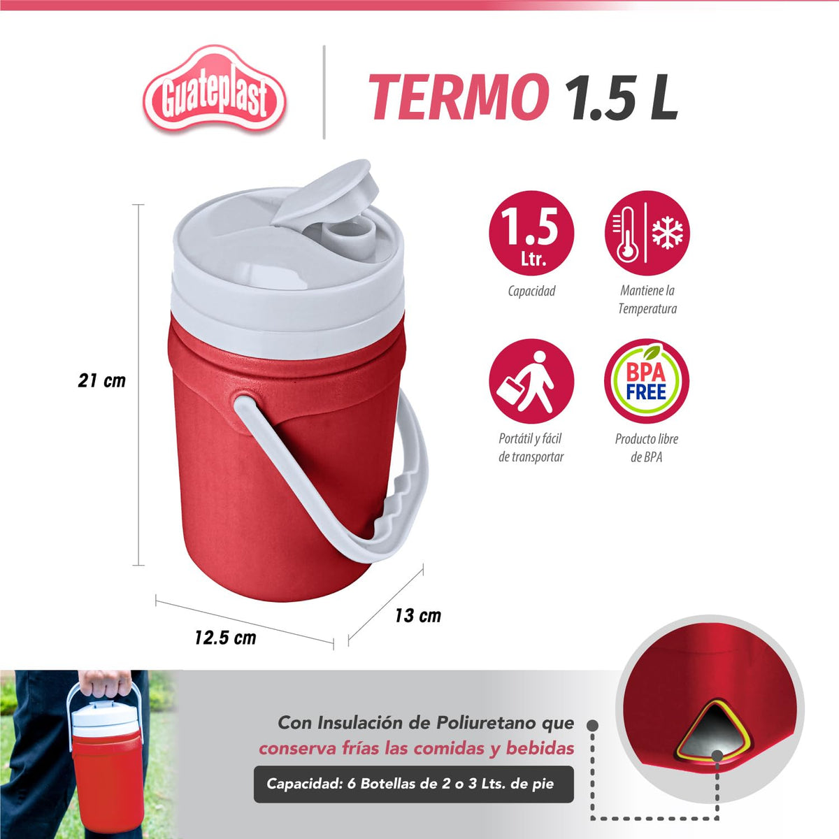 Guateplast Termo de Bebidas 1.5 L | Rojo, aislante de poliuretano, mantiene fríos o calientes, sin BPA