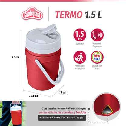 Guateplast Termo de Bebidas 1.5 L | Rojo, aislante de poliuretano, mantiene fríos o calientes, sin BPA
