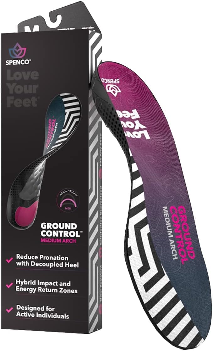 Spenco Plantillas atléticas de longitud completa con control de suelo para mujeres y hombres, arco medio, mujeres 9-10 / hombres 8-9