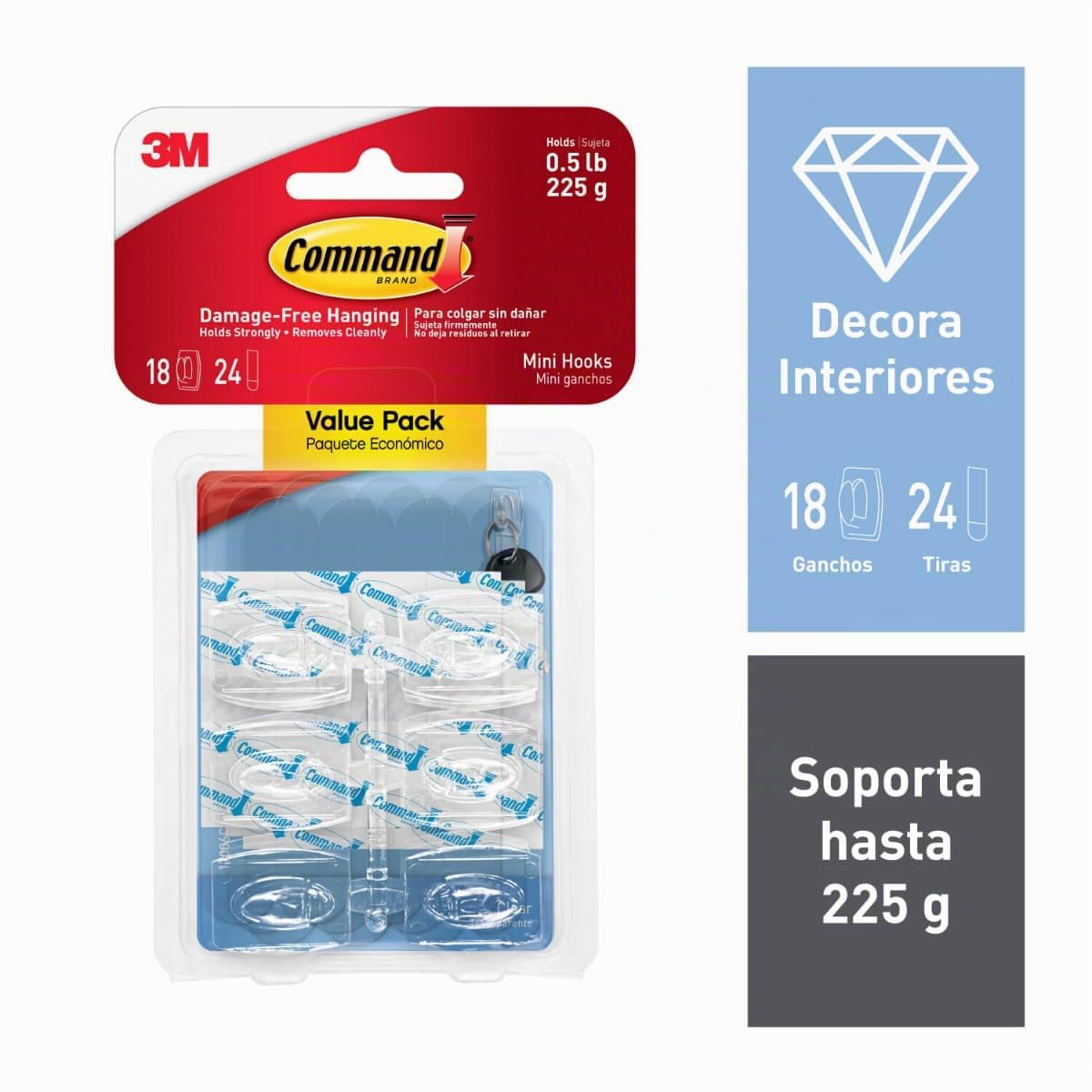COMMAND 3M Gancho Adhesivo Removible Transparente Mini 18 piezas | Soporta hasta 225 gr, Organiza sin dañar superficies, No requiere herramientas, Fácil de instalar, Fijación segura