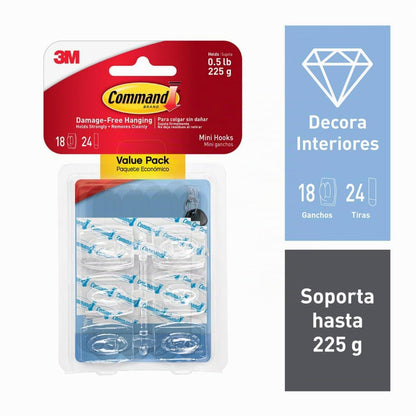 COMMAND 3M Gancho Adhesivo Removible Transparente Mini 18 piezas | Soporta hasta 225 gr, Organiza sin dañar superficies, No requiere herramientas, Fácil de instalar, Fijación segura