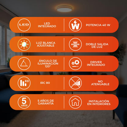 Tecnolite - Lámpara de Techo Plafón LED 40 W, Luz Blanca Ajustable con Aro de Luz, No atenuable