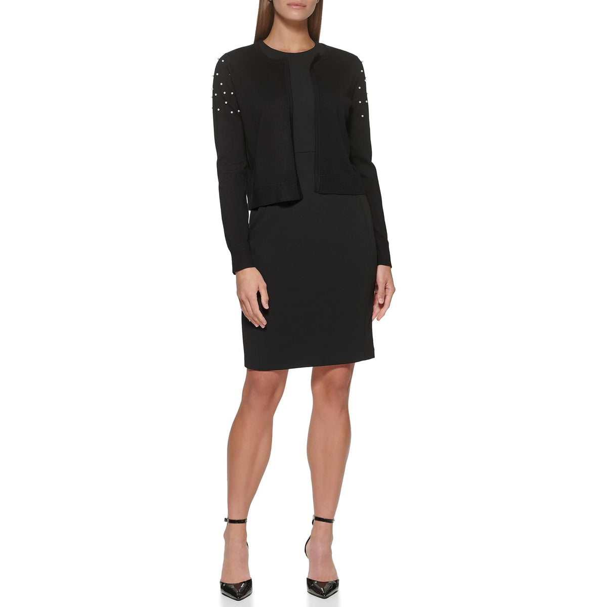 DKNY Long Sleeve Jewel Neck Pearl Detail Open Front Waist Length Shrug Suéter Tipo cárdigan Mujer