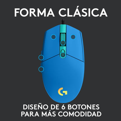 Logitech G203 LIGHTSYNC Mouse Gaming con Iluminación RGB Personalizable, 6 Botones Programables Seguimiento de hasta 8,000 dpi, Ultra-Ligero - Color Azul