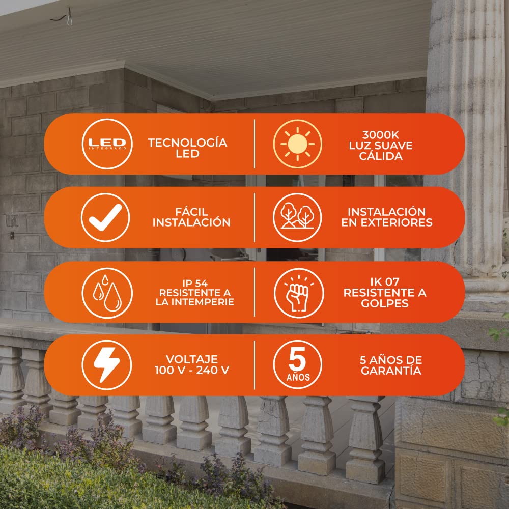 Tecnolite - Lámpara de Pared Arbotante LED Exterior 12 W, Luz Cálida Brillante, IP54, IK07, No atenuable, LED integrado