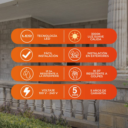 Tecnolite - Lámpara de Pared Arbotante LED Exterior 12 W, Luz Cálida Brillante, IP54, IK07, No atenuable, LED integrado