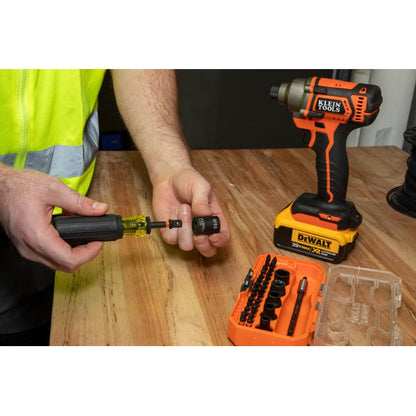 Klein Tools 33805 ProFlex Juego de herramientas de destornillador de impacto SAE de 38 piezas con carcasa modular, acero S2, destornillador magnético, ajustable, 29 bits, 6 tamaños de enchufe SAE