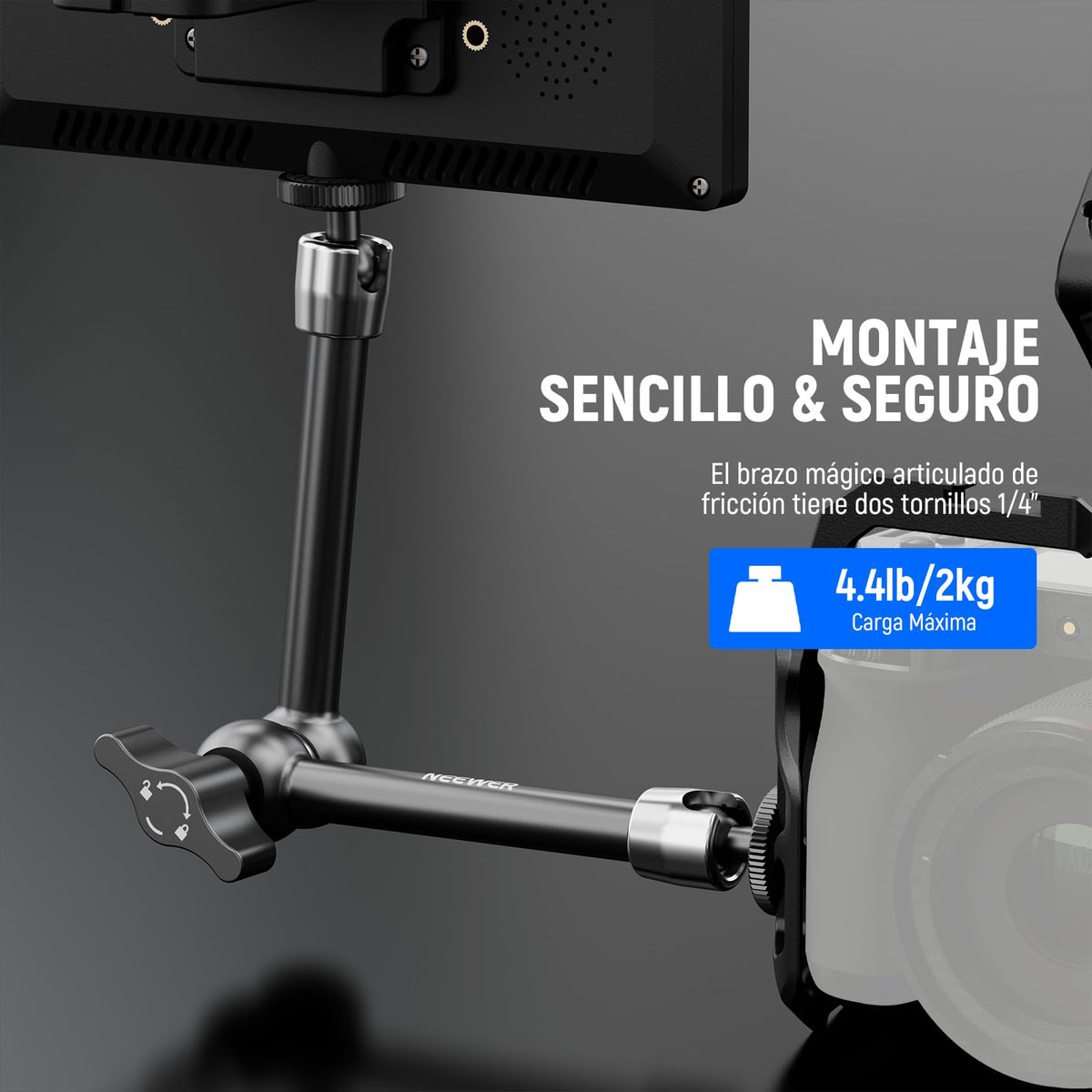 NEEWER Brazo Mágico 9,8"/25cm, Brazo Articulado de Fricción Aleación de Aluminio con Tornillos 1/4" y Cabezales de Bola 360° para Jaula de Cámara, Monitor, Luz Video LED, Flash, Cámara de Acción,ST08