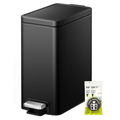 EKO - Bote de basura pequeño para baño con tapa, cierre suave, pedal de paso, cubeta de basura de acero inoxidable de 10 litros/2.6 galones con cubeta interior extraíble, acabado antihuellas (negro
