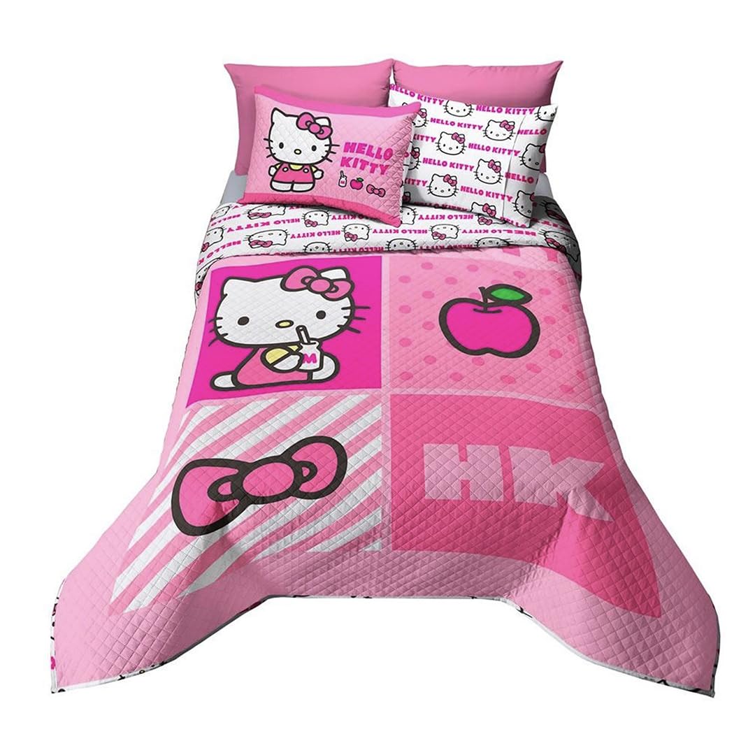 Providencia Edrecolcha Matrimonial 1.90 x 2.25 m con 2 Fundas para Almohada 70 x 50 cm. Hello Kitty. Mezcla Ideal Entre edredón y Colcha. Súper Suave, sin Calor. Lava fácil. Poliéster