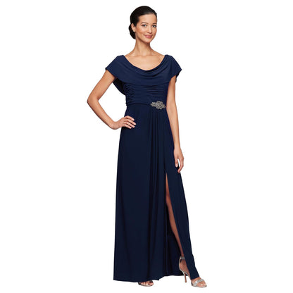 Alex Evenings Vestido Largo Cuello Drapeado para Madre de la Novia - 10 Petite - marino