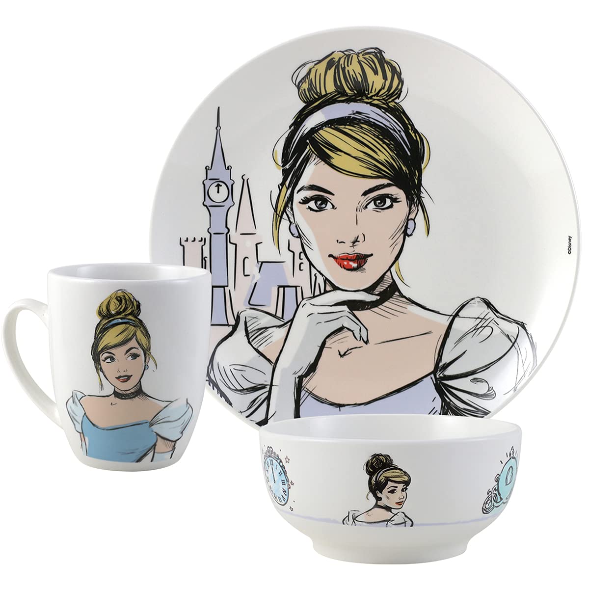 FunKids 2415-3570 Vajilla Familiar Porcelana, Colección Princesas Disney, Diseño Cenicienta, Bella, Rapunzel y Ariel, Vajilla 12 piezas, para 4 personas, Multicolor