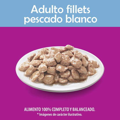 Whiskas Alimento Húmedo para Gatos, Sabor Filete Pescado Blanco, 85g c/u. Paquete de 24 Unidades + Alimento Húmedo para Gatos, Sabor Filetes De Pavo 85g c/u. Paquete de 24 Unidades