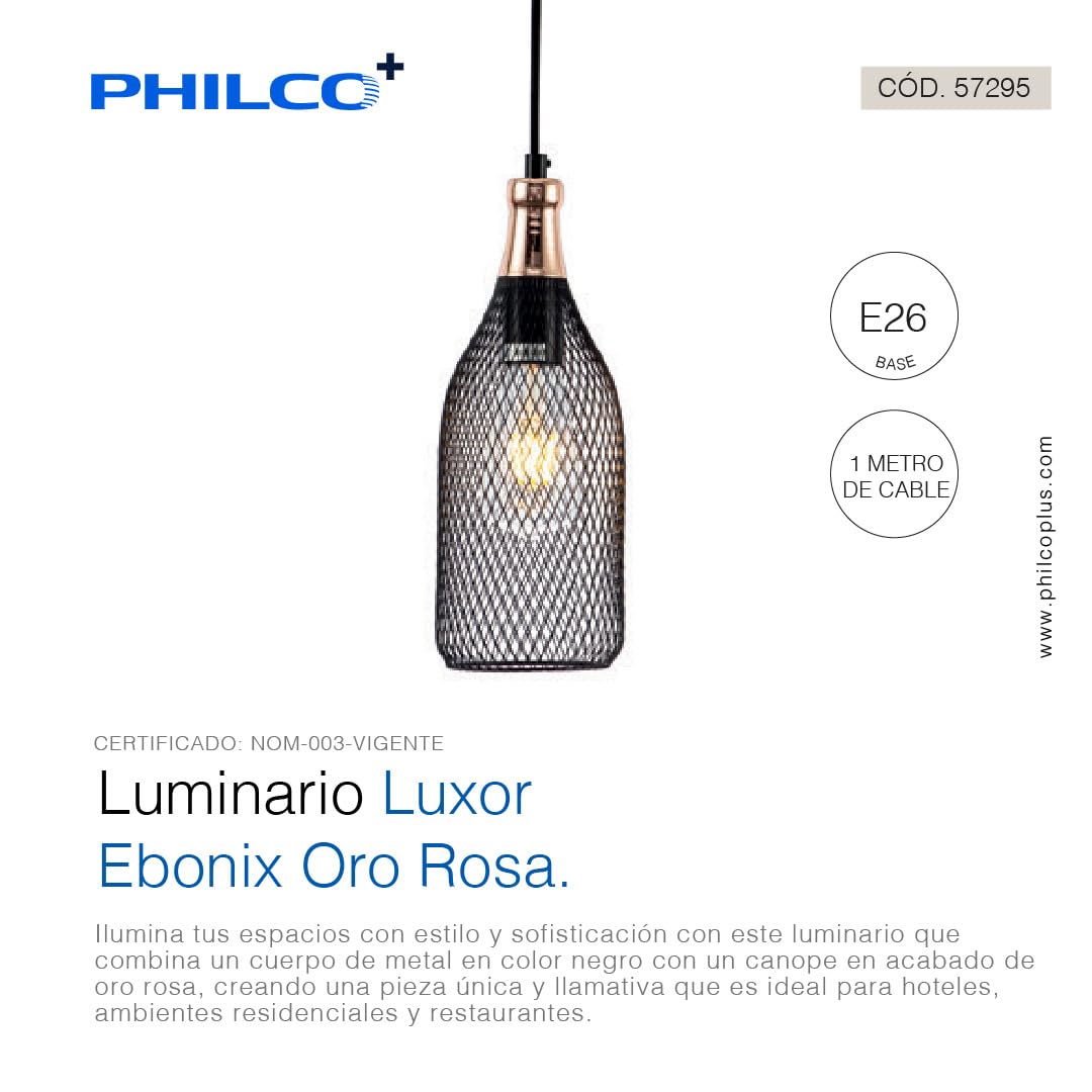 Philco Luminario Luxor Ebonix Oro Rosa. Cuerpo de metal negro y canope en oro rosa para suspender, base E26, acabado en cromo birllante, exclusivo para interiores. Cable de suspensión de 1 metro
