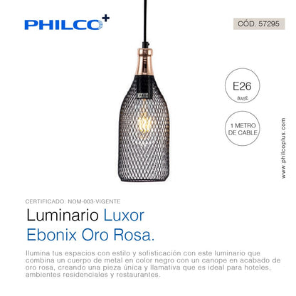 Philco Luminario Luxor Ebonix Oro Rosa. Cuerpo de metal negro y canope en oro rosa para suspender, base E26, acabado en cromo birllante, exclusivo para interiores. Cable de suspensión de 1 metro
