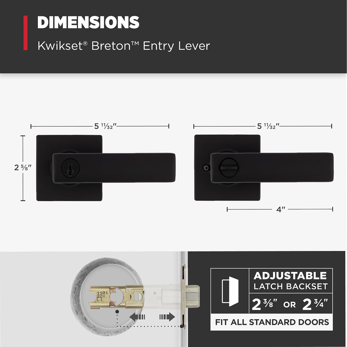 Kwikset - Manija de puerta de entrada Breton con cerradura y llave, palanca reversible con llave segura, para entrada frontal y dormitorios, negro mate, resistente a la púa Smartkey Rekey Security y