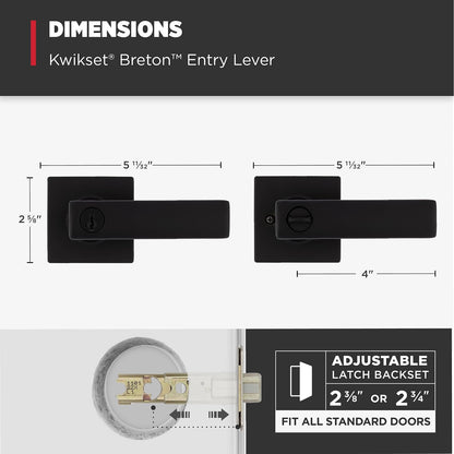 Kwikset - Manija de puerta de entrada Breton con cerradura y llave, palanca reversible con llave segura, para entrada frontal y dormitorios, negro mate, resistente a la púa Smartkey Rekey Security y