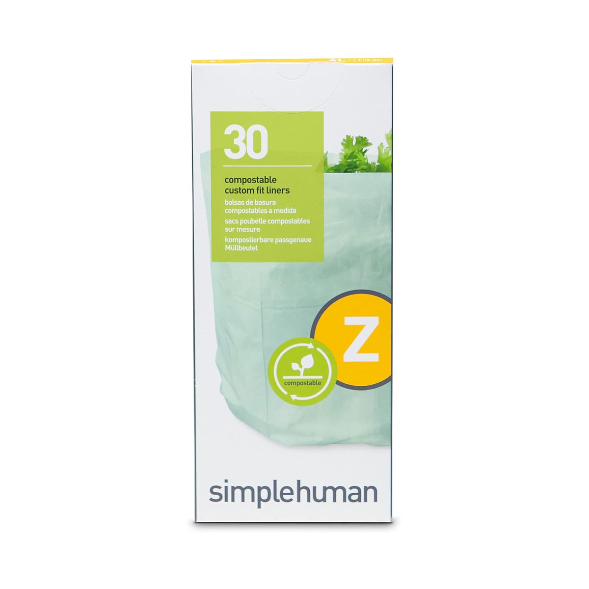 simplehuman Code Z 30 Liner, forro de ajuste personalizado, bolsas de basura compostables en paquetes dispensadores