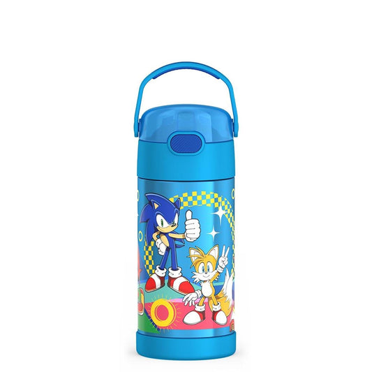 THERMOS FUNTAINER - Botella de agua con popote - 12 onzas - Botella de agua aislada al aspiradora para niños con tapa, Sonic the Hedgehog