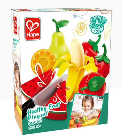 Hape , Juego de rol , Frutas Saludables con Cuchillo de Juguete Realista para Aprender y Jugar. Accesorio Cocina. De 2 a 8 años. E3171