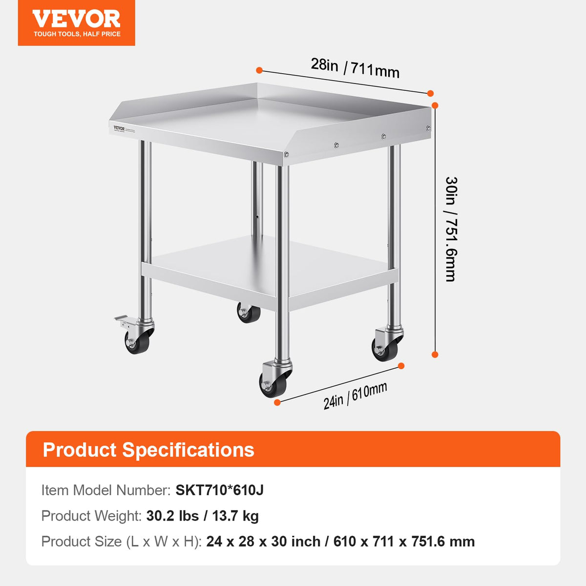 VEVOR Mesa de Trabajo de Acero Inoxidable Mesa de Trabajo Comercial para Preparación de Alimentos con 4 Ruedas Salpicadero de 3 Lados Mesa de Trabajo 610x711x762 mm Mesa de Trabajo para Restaurante