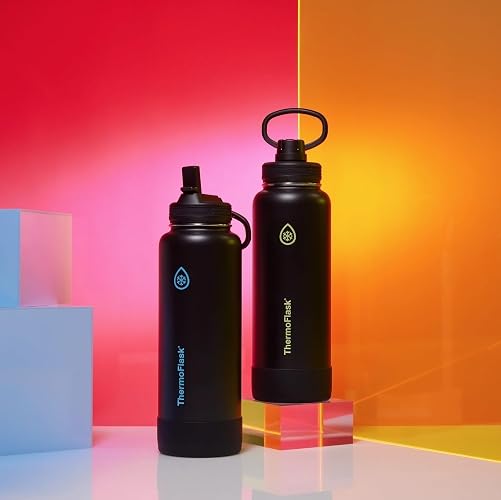 ThermoFlask - Botella de agua de acero inoxidable aislada al vacío de doble pared, 710 ml, con tapa de popote, Eclipse Eléctrico
