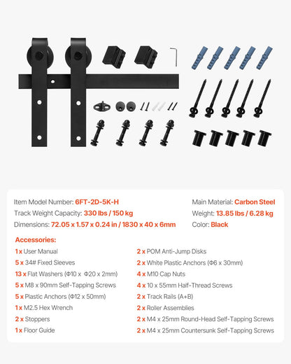 VEVOR Kit de Herrajes para Puerta Corrediza de Granero de Acero al Carbono Riel de 1,83 m para Una Sola Puerta Ancho Máximo de 91,44 cm Espesor de 34,92-44,45 mm Carga de 150 kg para Hogar, Negro