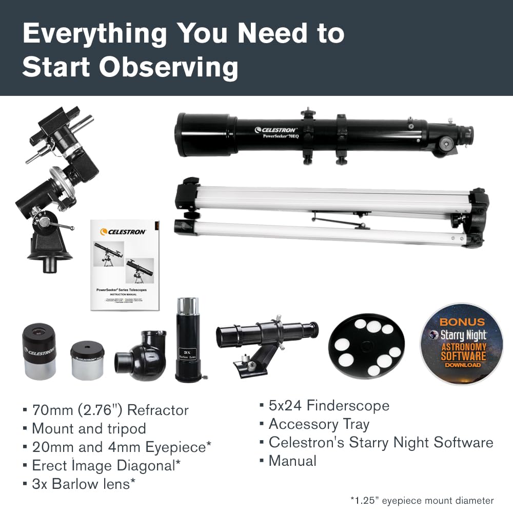 Celestron - PowerSeeker 70EQ Telescope - Manual German Equatorial Telescope for Beginners - Compact and Portable - Bonus Astronomy Software Package - 70mm Aperture