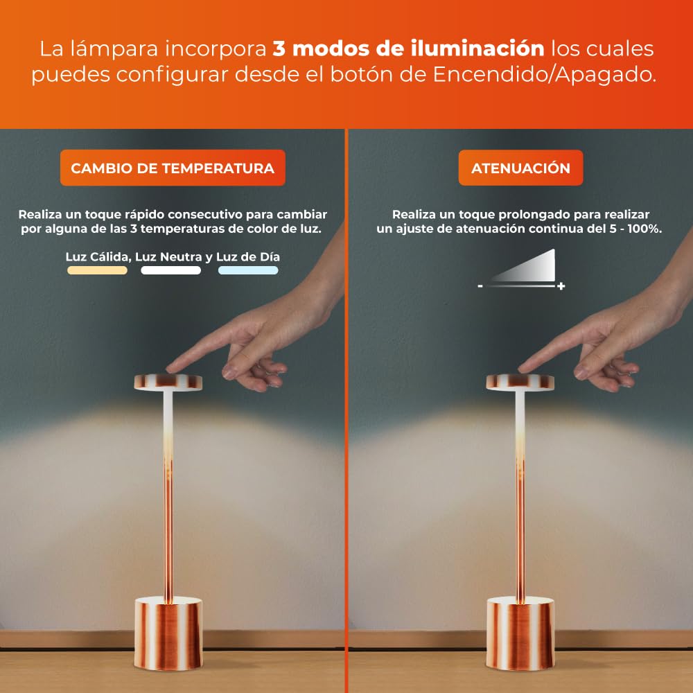 Tecnolite - Lámpara de Mesa LED 3 W Portátil, Recargable, Luz Blanca Ajustable y Atenuable Táctil, Lámpara Interior para Restaurante