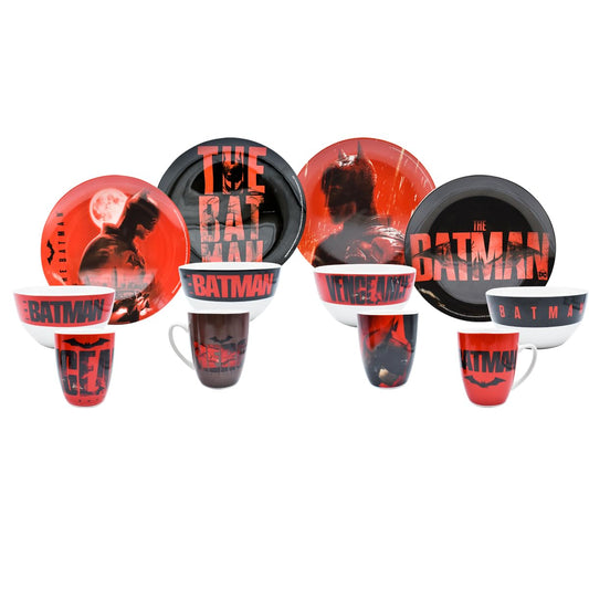 FunKids 1768-21 Juego Vajilla De Porcelana Redonda 12 Piezas para 4 Personas, Colección Dc Comics, Diseño Batman, Set Familiar, Incluye: Plato Trinche, Tazón y Taza con Caja de Regalo