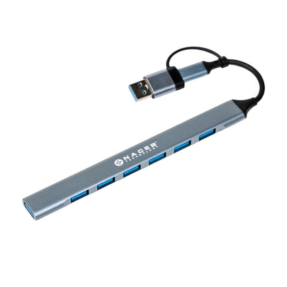 NACEB TECHNOLOGY HUB USB-C/A a 7 Puertos 1 USB 3.0, 6 USB 2.0 - Conector Multipuerto, Plug y Play, Compatible con PC, Laptops y Otros Dispositivos - Gris