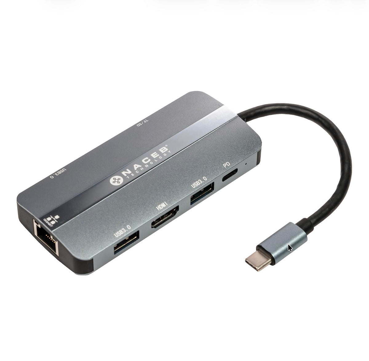 NACEB Technology - Hub USB-C 8 En 1 para Laptop - HDMI 4K RJ45 Ethernet 3 USB 3.0 Lector SD TF Carga PD 100W - NA-0129 Gris