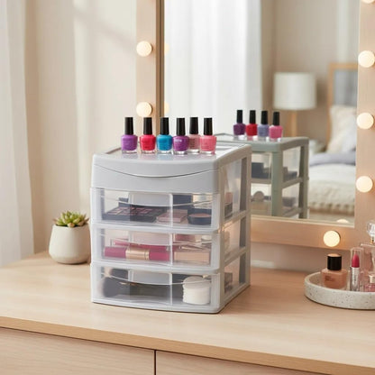 Italhome Cajonera De Plástico, Mini Organizador Multiusos De Color Gris Con 3 Cajones Transparentes Sesia
