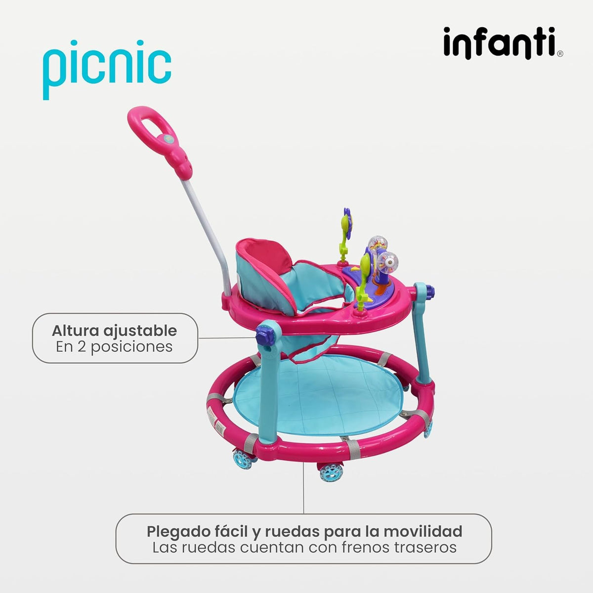 Infanti - Andadera para Bebe 3 en 1 PICNIC - Con Paseador y Juguetero Musical - Barra de Empuje - Color Rosa