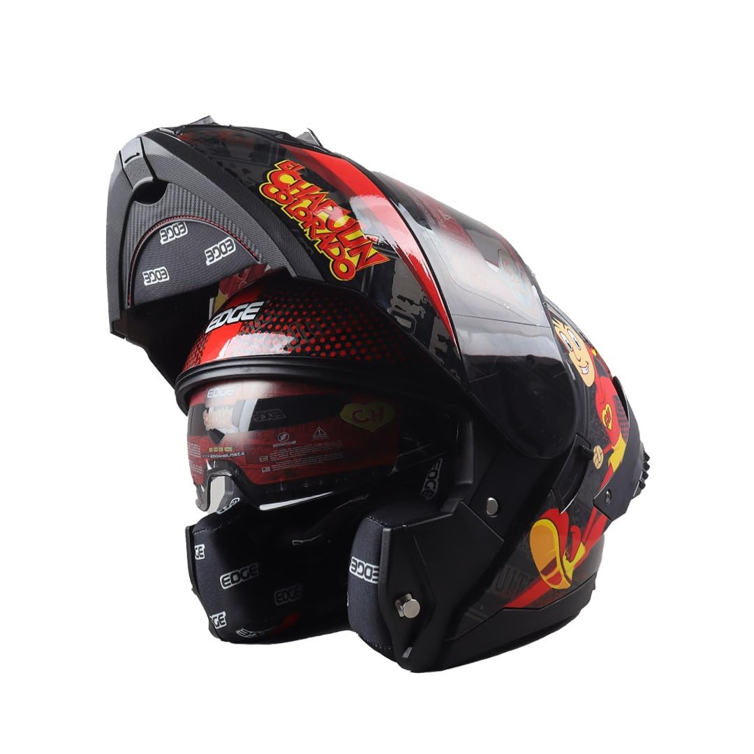Casco Modular - Chapulin - Visor Anti Baho Motocicleta Marca Edge - Visor Doble ANTIVAHO Certificado Dot Moto - Cascos Motocross Pegatina Pegatinas Protector Mujer Hombre (Chapulin Colorado, XL)