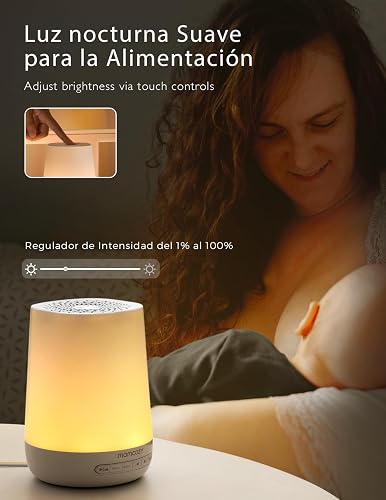 Máquina de sonidos para bebés Momcozy con Luz Nocturna | Entrenador de sueño para niños con 34 sonidos relajantes, temporizador, control por app, rutina de sueño, Blanco