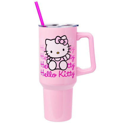 Silver Buffalo Vaso Térmico de Acero Inoxidable con Mango y Popote 40 oz - 40 Ounces - Hello Kitty saludando
