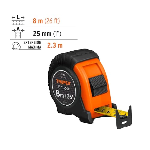 Truper FH-8M, Flexómetro Gripper, contra impacto, 8 m, cinta 25 mm