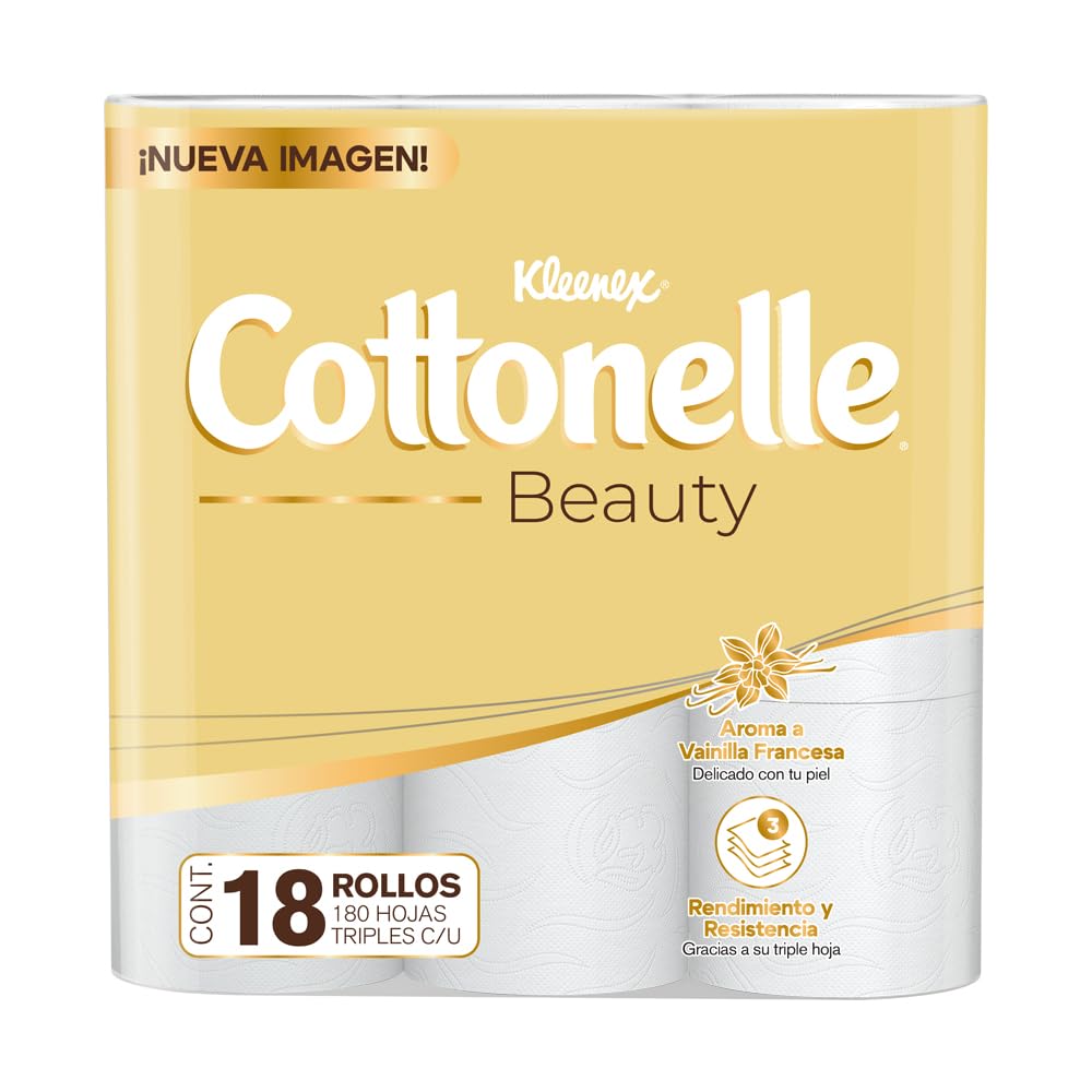 Kleenex Cottonelle Beauty, Papel Higiénico, Paquete con 18 Rollos de 180 Hojas Triples C/U.