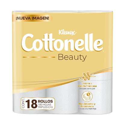 Kleenex Cottonelle Beauty, Papel Higiénico, Paquete con 18 Rollos de 180 Hojas Triples C/U.
