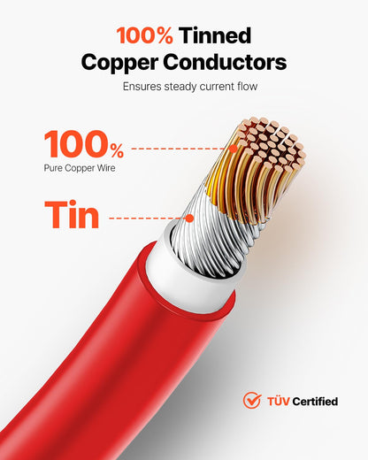 VEVOR Cable de Extensión para Panel Solar de 30,48 m, 10 AWG Cable de Extensión Solar, Cable Fotovoltaico Impermeable IP67 de 6 mm² para Paneles Solares Domésticos, de Barco y de Autocaravana, Rojo