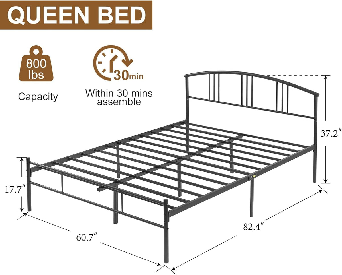 VECELO Base de Cama Queen,Base de colchón de Plataforma de Metal de 14 Pulgadas con cabecero, Soporte de Listones de Acero, no Necesita somier, fácil Montaje