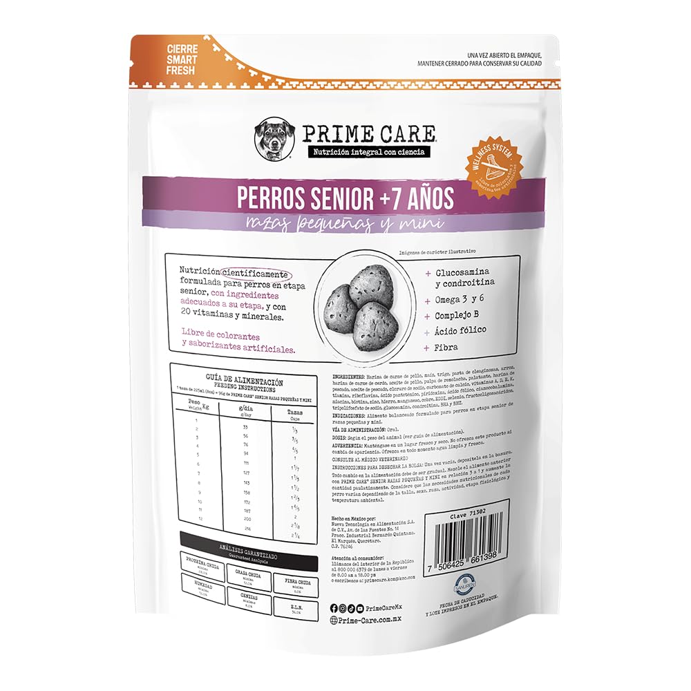 Prime Care Alimento para Perros Senior (+7 Años) Razas Pequeñas y Mini, 2 kg