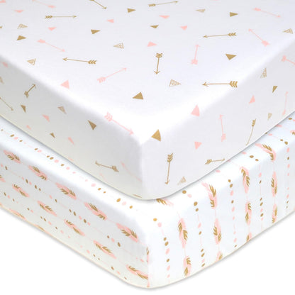 American Baby Company Sábanas Bajeras de Algodón para Cuna Paquete de 3 - Sparkle Gold - Pink Plumas - Flechas - 2 paquetes