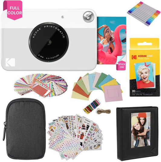 KODAK Printomatic Cámara Digital instantánea a Color 5 MP, Papel fotográfico Autoadhesivo Zink de 2x3 (5,1 x 7,5 cm) Color Gris, Kit: Papel Zink (20 Hojas) Estuche, Marcadores, Álbum