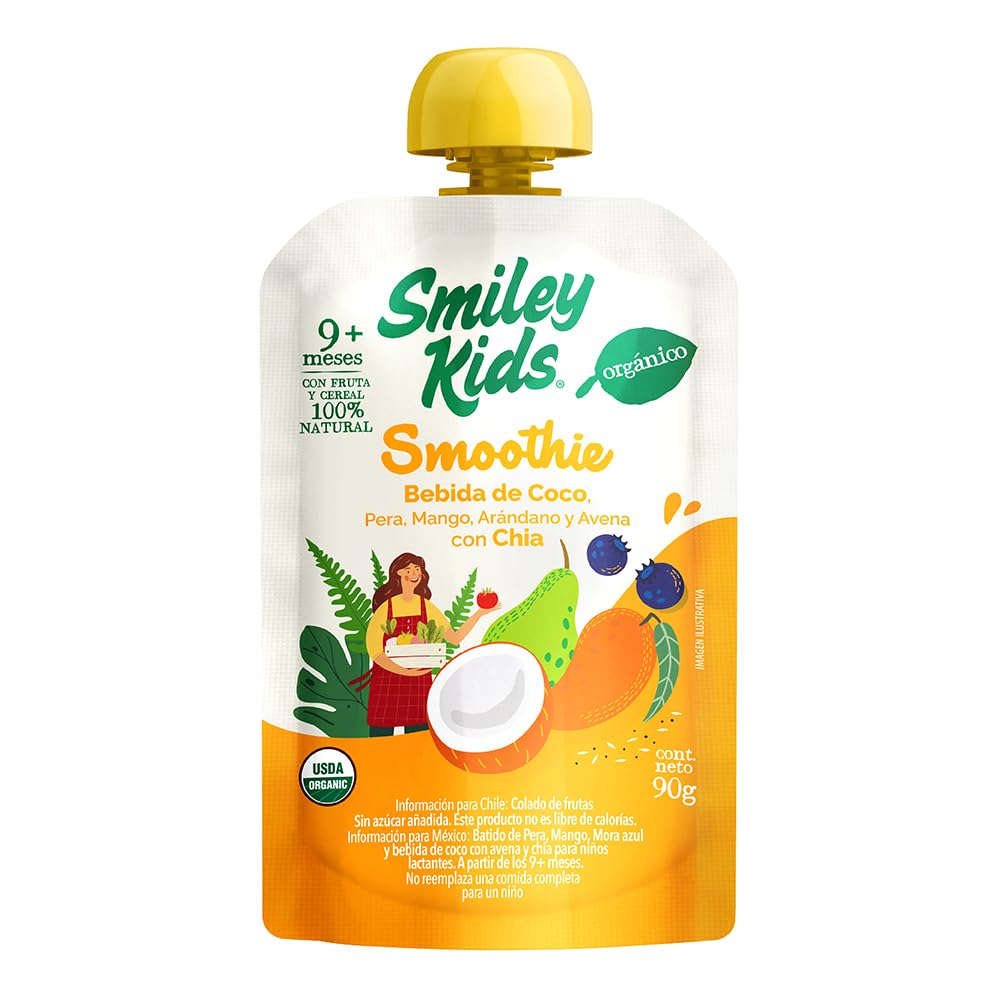 Smiley Kids Caja/18 Papillas Organica Mix Smoothie yogurt + Smoothie coco + Papilla pera-plátano