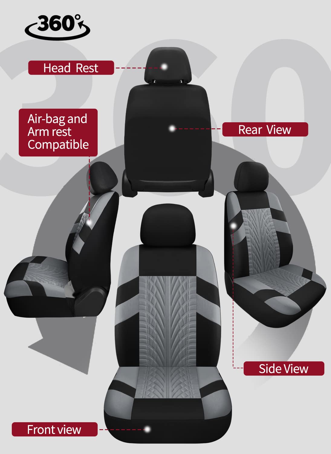 VarCozy Juego Completo de Fundas de Asiento para Automóvil, Banco Delantero y Trasero, Tela Universal, Compatible con Airbag, Negro y Gris (VC-01-B1)